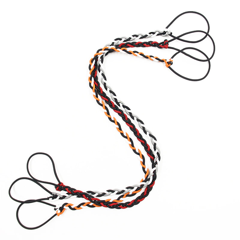 Colorful twisted cords with loops on a light background.